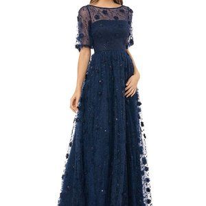 Carmen Marc Valvo 3d navy embroidered gown